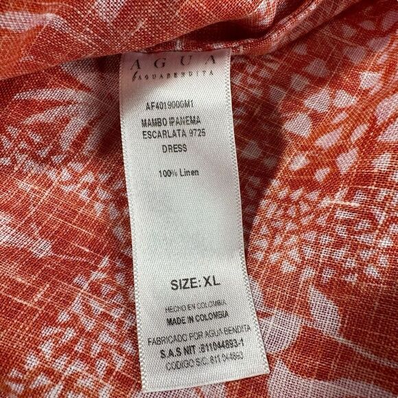 Agua Bendita Red Mambo Ipanema Escarlata Red Linen Printed Midi Summer Dress, XL - Picture 16 of 16